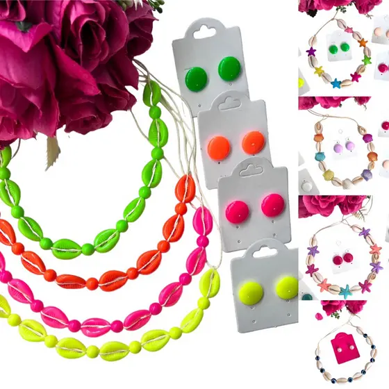 Colar Choker Búzios Feminino Verão Moda Praia Piscina Coloridos Brinco Botão Resina ou Pérola