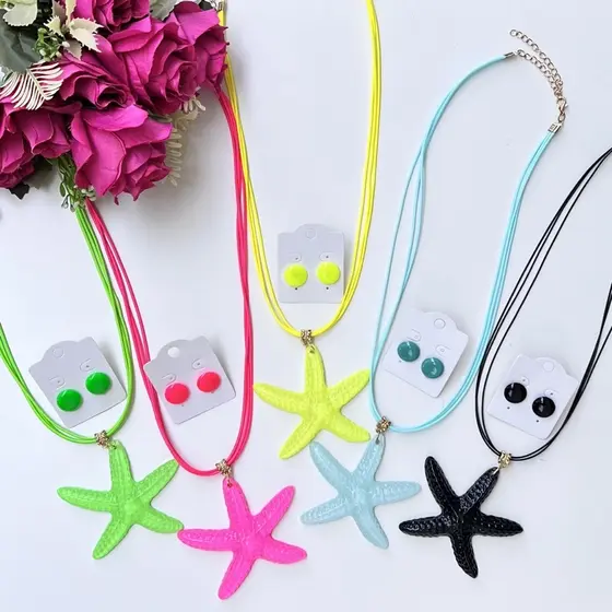 1 colar estrela do mar e 1 brinco botão resina 1cm verão moda praia feminino tendência praiano