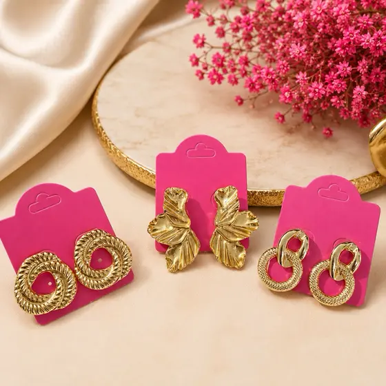 Brincos Femininos Folheados a Ouro 3 Pares Bijuteria Elegante Sofisticado Moda Trio Brincos Delicado