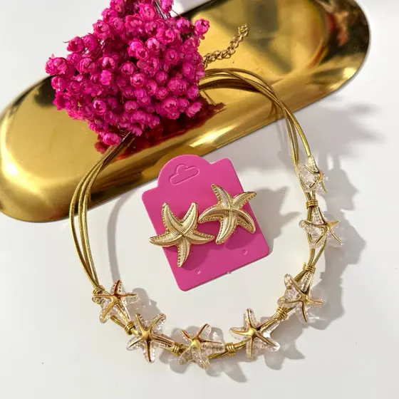Conjunto Praia Chic Com Colar Fio Dourado e Brinco Estrela Mar Concha Buzio Pérola Feminino Praiano