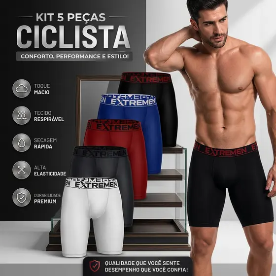 Kit 5 Cueca Box Ciclista Boxer Perna Longa Lisa Microfibra