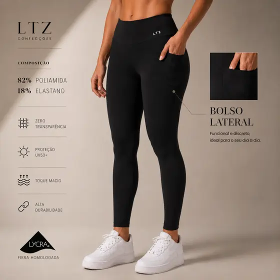 Legging Fitness Poliamida Premium Cintura Alta e Bolso Lateral
