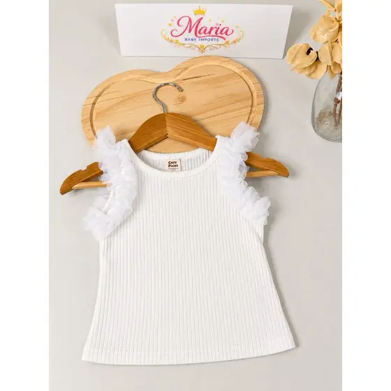Blusa infantil bebe regata canelada com tule na manga