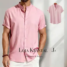 LK Camisa Social Masculina Gola Padre de Luxo Com Manga Curta Slim Fit ViscolinhoTecido Premium