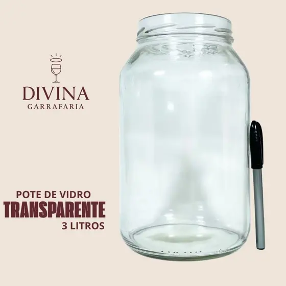 Pote de Vidro Gigante 3L C/ Tampa | Conserva Palmito | Kombucha | Transparente Multiuso | Mantimentos | Arroz | Feijão