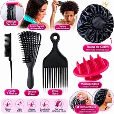 kit escova polvo - escova massageadora pente garfo pente três fileiras touca de cetim cores Aleatorias