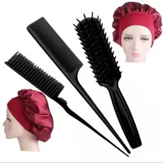Kit Completo Cabelo Escova Mariana + Pente Fino + Pente 3 Fileiras + Touca Cetim com Faixa Cores Sortidas