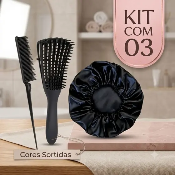 Kit Day After Cabelos Cacheado Escova Polvo, Pente 3 Fileiras e Touca Cetim Antifrizz Cores Sortidas