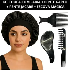 Kit Pente Jacaré, Escova Mágica Pente Garfo e Touca de Cetim com Faixa Antifrizz para Cabelos Cacheados e Crespos