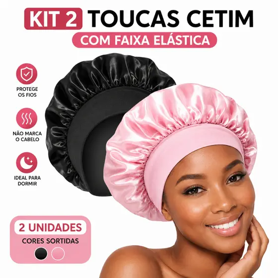Kit 2 Toucas de Cetim Proteção Antifrizz para Dormir Faixa Elástica Larga Tamanho Único cores sortidas.