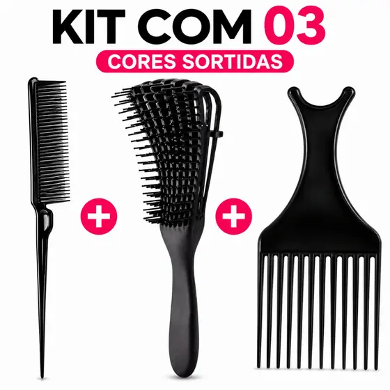 Kit Escova Polvo Pente Garfo 3 Fileiras para Cabelos Cacheados Crespos Desembaraçar e Definir