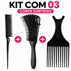 Kit Escova Polvo Pente Garfo 3 Fileiras para Cabelos Cacheados Crespos Desembaraçar e Definir