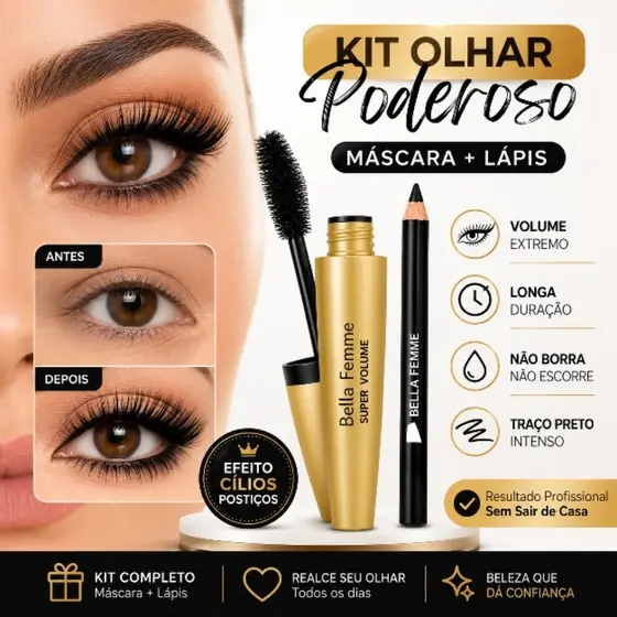 Kit Olhar Poderoso Máscara de Cílios Volume Belle Angel B039 + Lápis Preto/Marrom Universal  Intenso Longa Duração