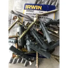 kit de 1 broca de videa da Irwim 5mm com 10 parafusos e buchas de 5mm por 24,50.