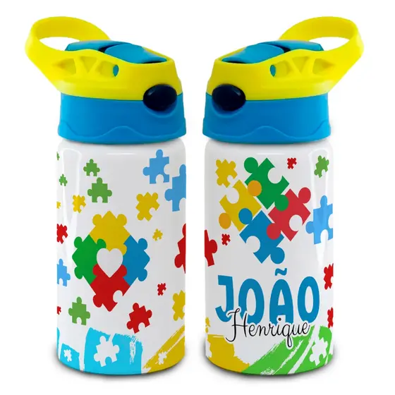 SQUEEZE GARRAFA AUTISMO PERSONALIZADO COM NOME LANCHEIRA ALUMÍNIO OU TÉRMICA INOX ESCOLA PRESENTE LANCHE