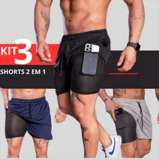 KIT 3 Shorts Masculino 2 em 1 Corrida Forrado de compreensão para Treinar