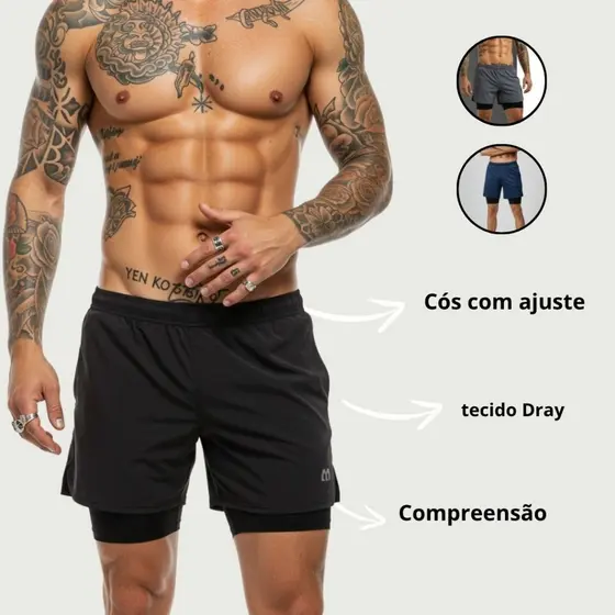 Short 2 em 1 Masculino Bermuda de compressão para Treino