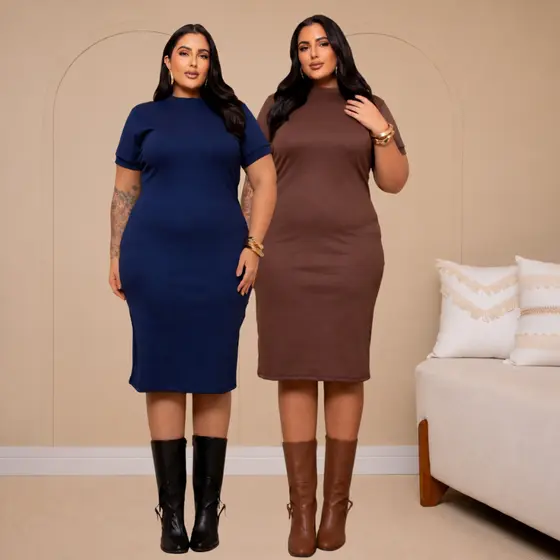 Vestido Midi Feminino Plus Size Canelado Manga Curta Elegante Casual Confortável