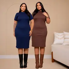 Vestido Midi Feminino Plus Size Canelado Manga Curta Elegante Casual Confortável