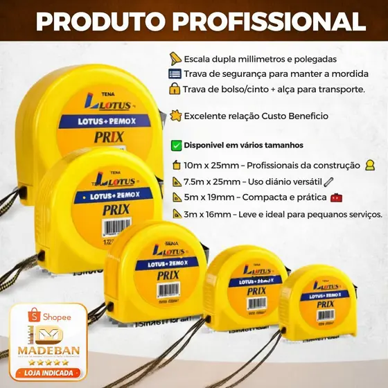 Trena Lotus Prix Profissional Aço Carbono Dupla Escala 3m 5m 7,5m 10m