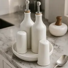 Conjunto Galeteiro 5 Peças Porcelana com Bandeja Porta Azeite Vinagre Saleiro e Paliteiro