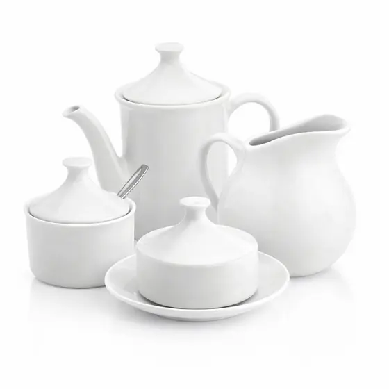 Kit Porcelana Cafe Chá Branca 4 Peças Bule, Leiteira, Açucareiro e Manteigueira Cozinha Mesa Posta