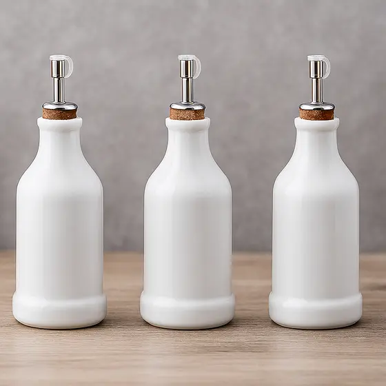 Kit Porta-Tempero 3 Peças Porcelana Porta Azeite Óleo e Vinagre Garrafa 270ml com Bico Inox e Rolha