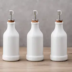 Kit Porta-Tempero 3 Peças Porcelana Porta Azeite Óleo e Vinagre Garrafa 270ml com Bico Inox e Rolha
