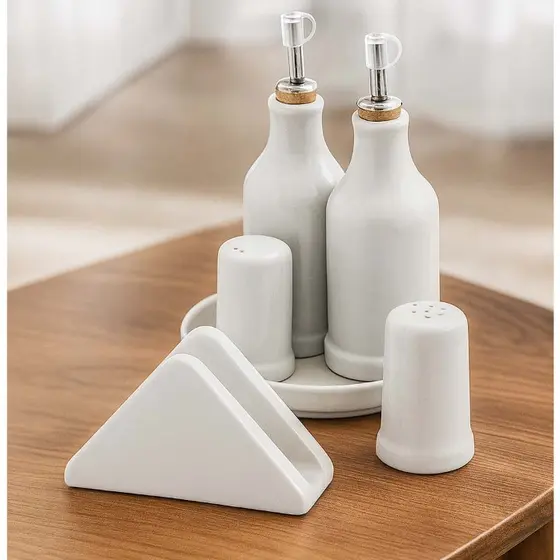 Kit Tempero 6 Peças Porcelana Azeite Vinagre Saleiro Paliteiro Porta-Guardanapos e Bandeja Galeteiro