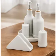 Kit Tempero 6 Peças Porcelana Azeite Vinagre Saleiro Paliteiro Porta-Guardanapos e Bandeja Galeteiro