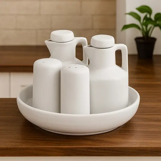 Kit Galheteiro Porta Tempero Porcelana 5 Peças Azeite Vinagre Saleiro Paliteiro Bandeja Mesa Posta