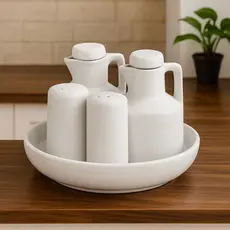 Kit Galheteiro Porta Tempero Porcelana 5 Peças Azeite Vinagre Saleiro Paliteiro Bandeja Mesa Posta