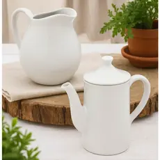 Kit Bule 650ml Com Tampa e Jarra Leiteira 750ml Porcelana Branca Mesa Posta Café Chá Chocolate