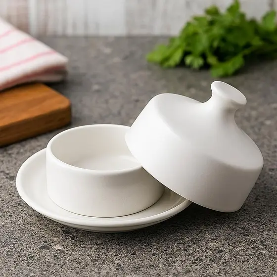 Manteigueira de Porcelana 110ml com Tampa e Prato de Apoio Com Pegador Geladeira Mesa Posta