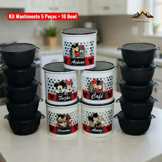 Kit Potes Mantimentos 5 Peças Plástico Mickey e Minnie + 10 Bowl 1L Organizadores Cozinha