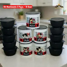 Kit Potes Mantimentos 5 Peças Plástico Mickey e Minnie + 10 Bowl 1L Organizadores Cozinha