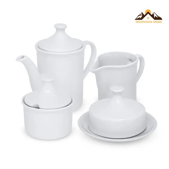 Conjunto 4 Peças Kit Chá Café Porcelana Mesa Posta Bule Leiteira Açucareiro Manteigueira
