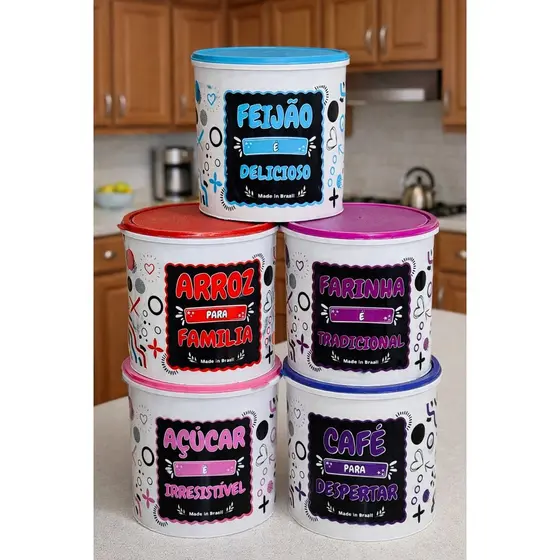 Conjunto de Mantimento pote hermético Versátil 5 Peças com Adesivo Decopado Arroz Feijão Farinha Café Açúcar