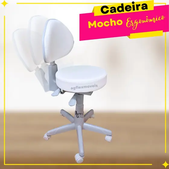cadeira Mocho redondo ergonômico.Giratório. Estrutura cinza. Revestimento sintético na cor branca