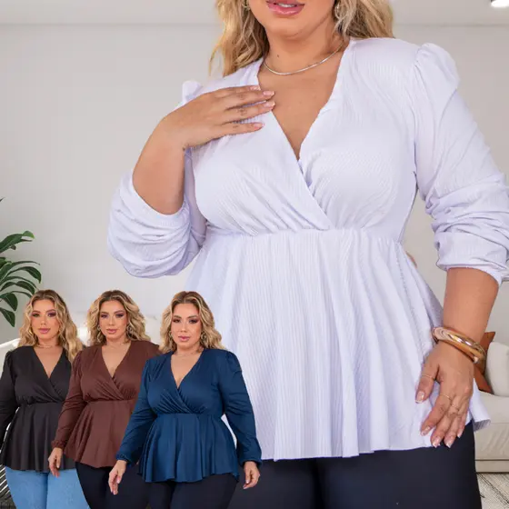 Blusa Decote Em V Manga Longa Batinha Soltinha Feminina Plus Size Canelada Elegante Lazer Casual