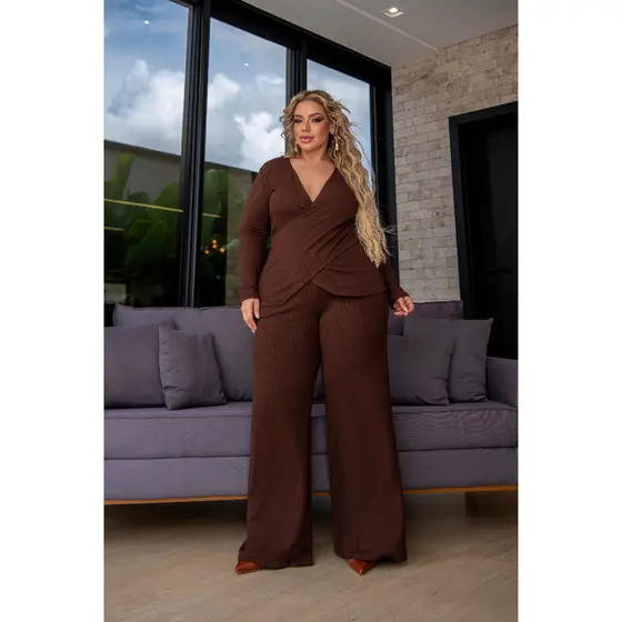 Conjunto Calça Cintura Alta Com Elástico E Camisa Manga Comprida Plus Size Inverno Canelado Moderno