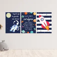 Kit 3 Quadros Foguete, astronalta, seja forte e corajoso, decoração infantil Quarto de menino MDF 20X28