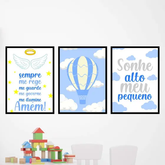 Kit 3 Quadros balão, sonhe alto meu pequeno, decoração infantil babe enxoval MDF 20x28