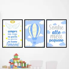 Kit 3 Quadros balão, sonhe alto meu pequeno, decoração infantil babe enxoval MDF 20x28