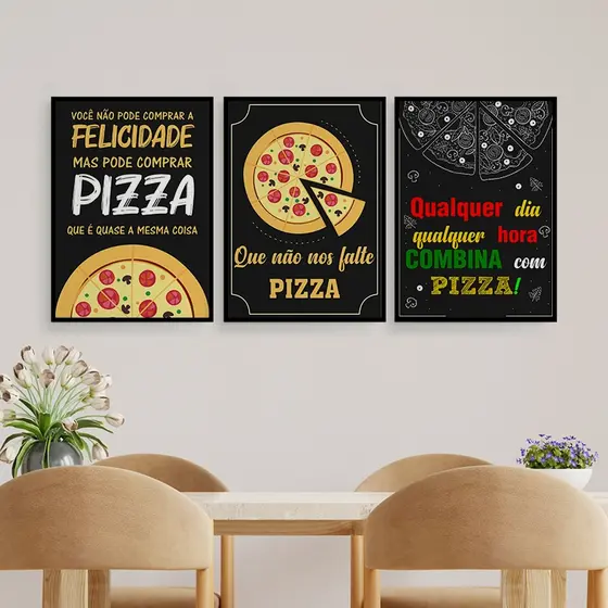 Kit 3 Quadros Decorativos, Cantinho Da Pizza/ Para Cozinha, Pizzaria, Sala, MDF 20x28.