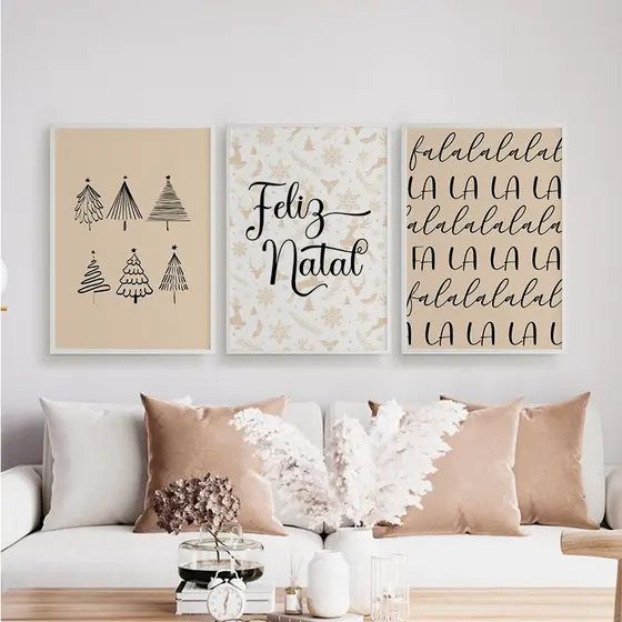 Kit 3 Quadros minimalista natal Bege, feliz natal, arvore de natal MDF 20X28