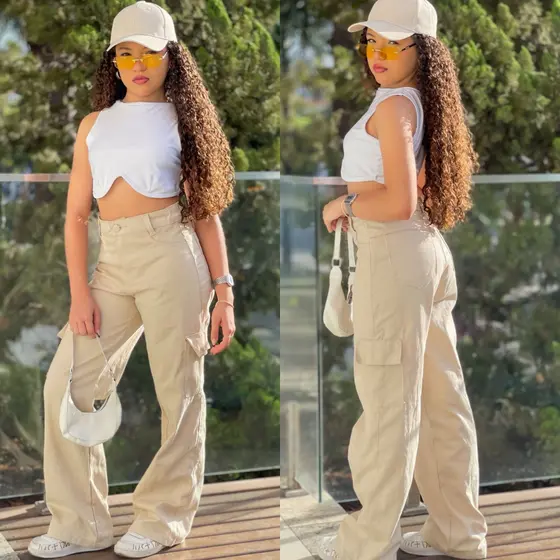Calça Cargo Jeans Infanto Juvenil Preta e Bege Com Regulagem e Bolsos Laterais Wide Leg Moda Premium