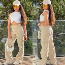 Calça Cargo Jeans Infanto Juvenil Preta e Bege Com Regulagem e Bolsos Laterais Wide Leg Moda Premium