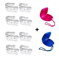 08 Placas Protetora Bucal Silicone Moldável Anti Bruxismo Com Case Roxo/Azul