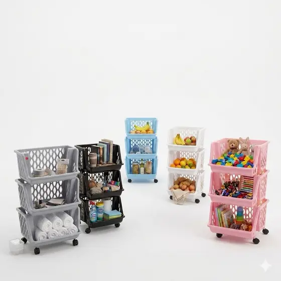 Organizador Multiuso/ Fruteira 3 Andares com Rodinhas – Cesto Vertical para Cozinha, Lavanderia e Escritório